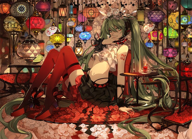 Green-haired Anime Girl — Red, Dramatic, Night