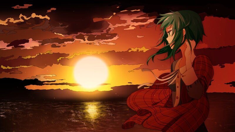 Green-haired Anime Girl — Red, Dramatic, Sunset, Sea