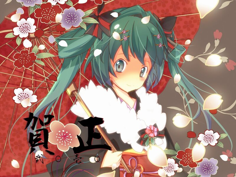 Green-haired Anime Girl — Red, Festive, Spring