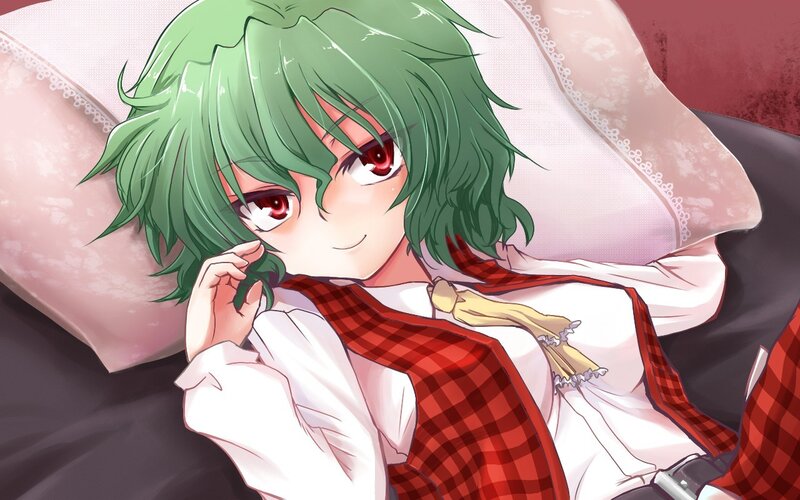 green-haired anime girl resting