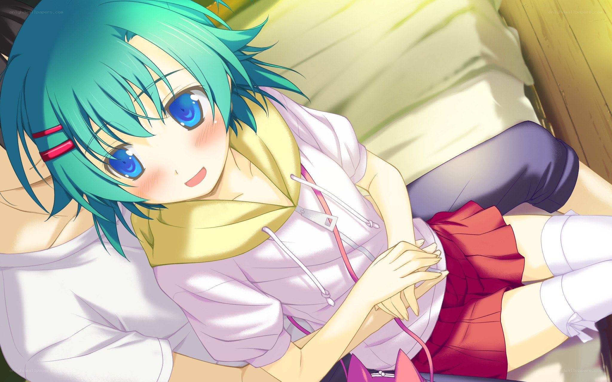 green-haired anime girl resting