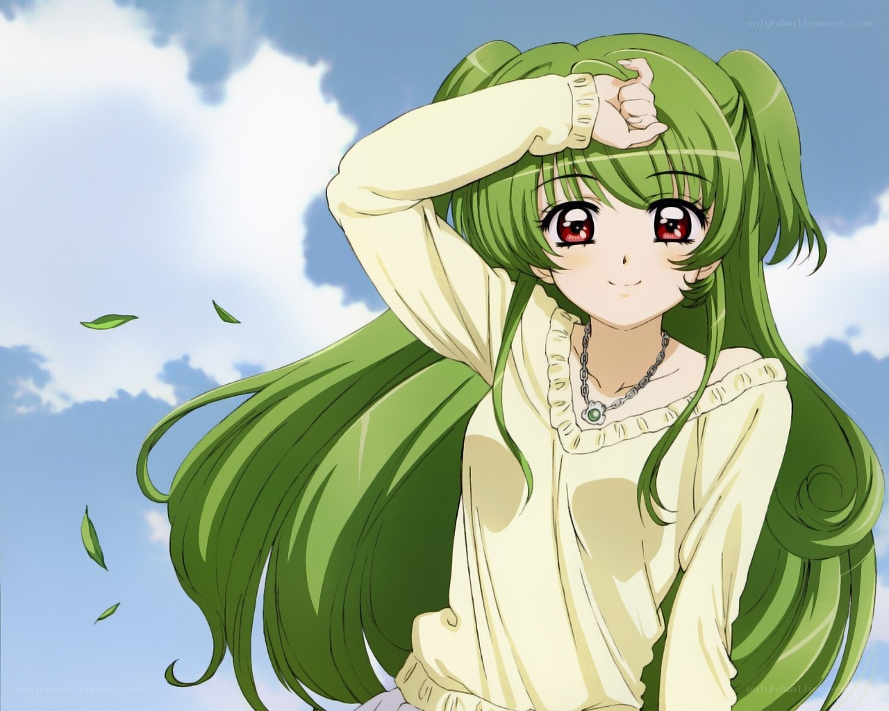 green-haired anime girl smiling