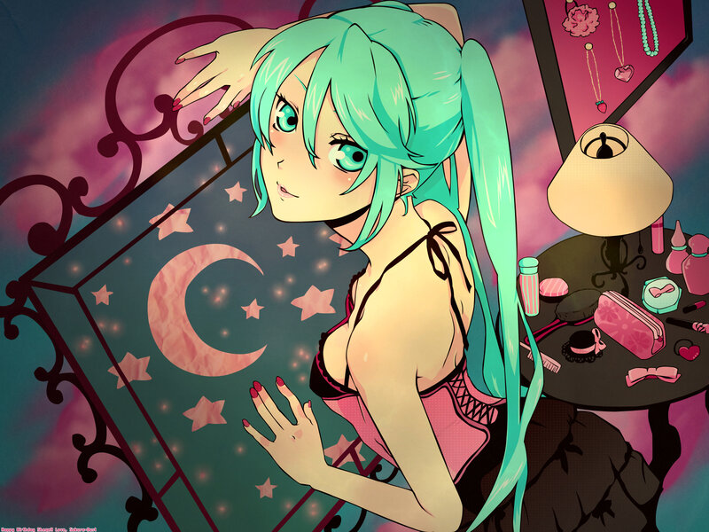 Green-haired Anime Girl — Teal, Dreamy, Night, Mirror