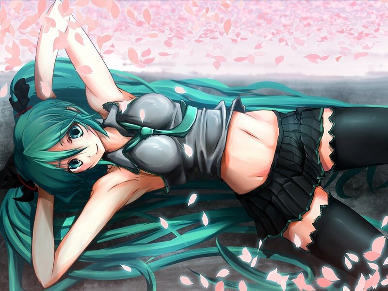 Green-haired Anime Girl — Teal, Serene, Spring, Cherry Blossoms
