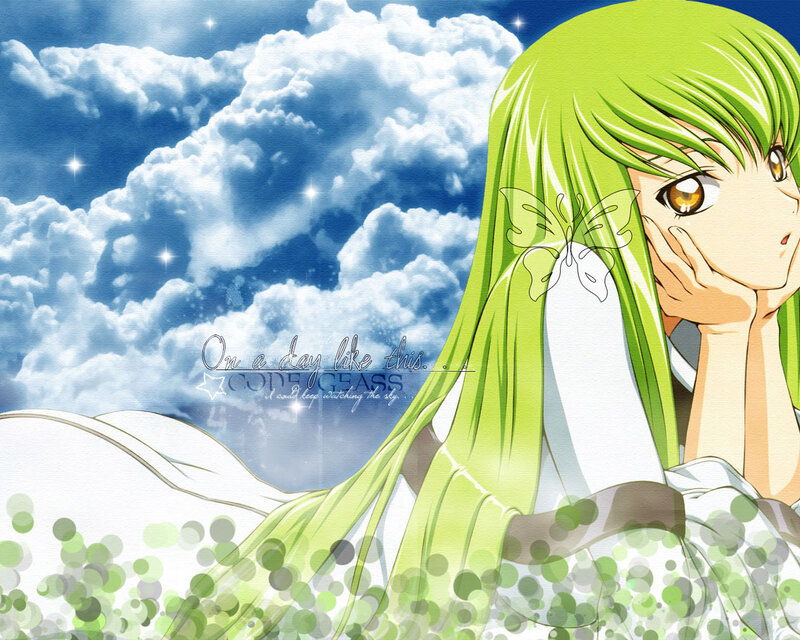 green-haired anime girl under sky