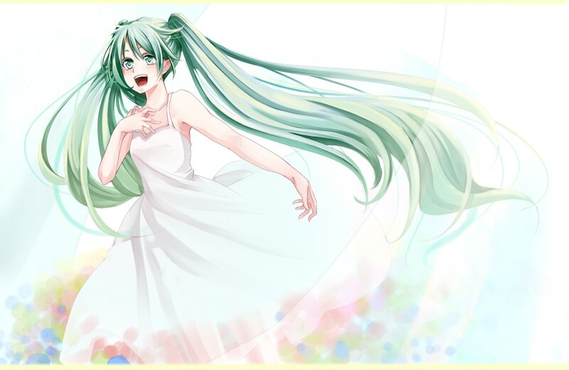 Green-haired Anime Girl — White, Dreamy, Digital Art