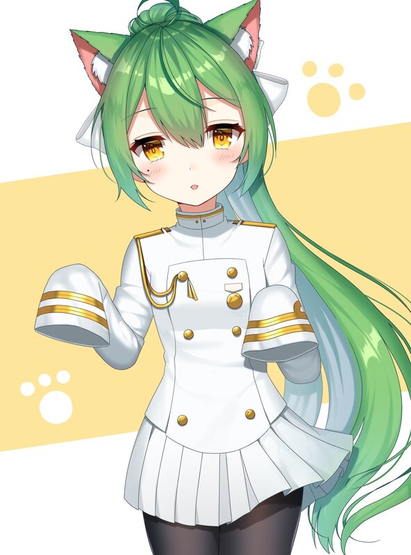 Green-haired Anime Girl — White, Playful, Cat Ears