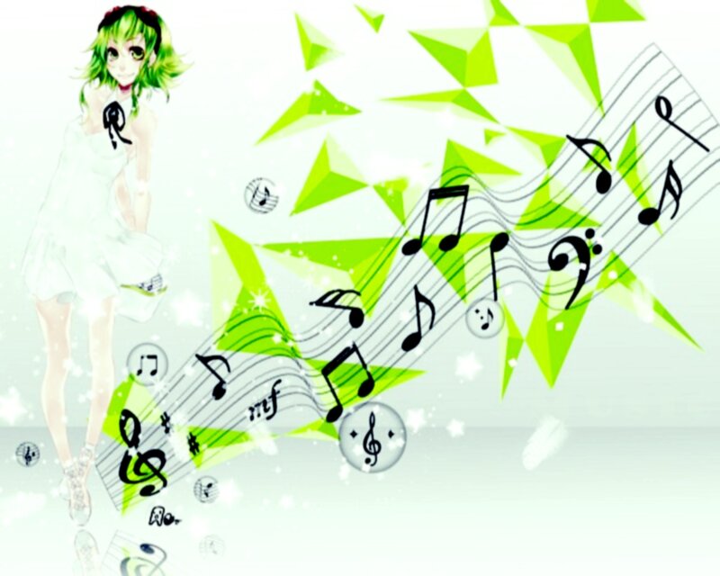 Green-haired Anime Girl — White, Playful, Music Notes