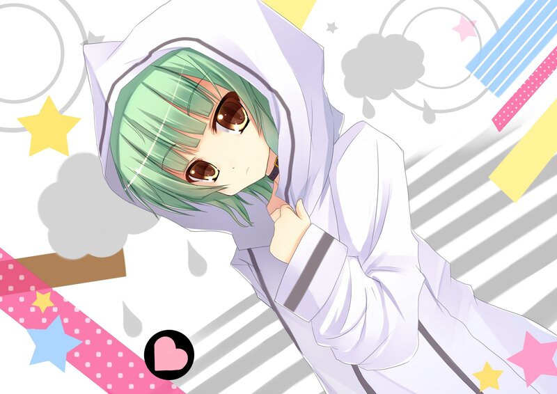 Green-haired Anime Girl — White, Playful, Stars, Clouds, Stripes