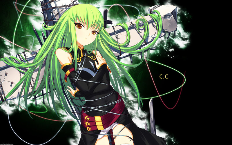 green-haired anime girl with barbed wire