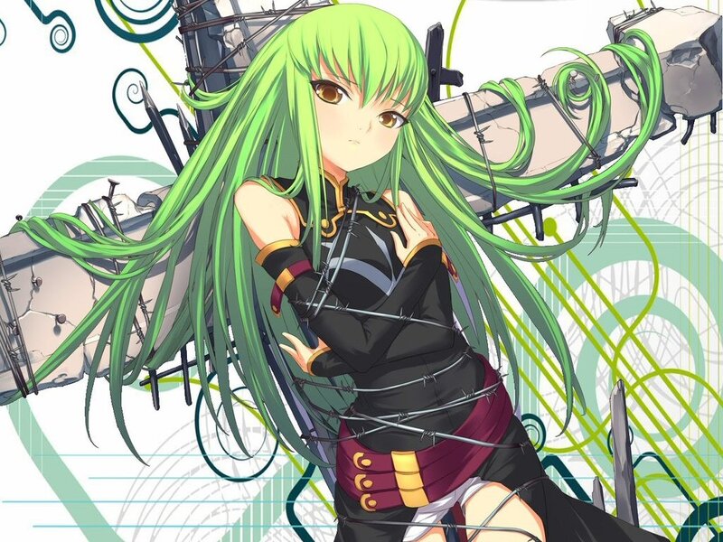 Green-haired anime girl with barbed wire