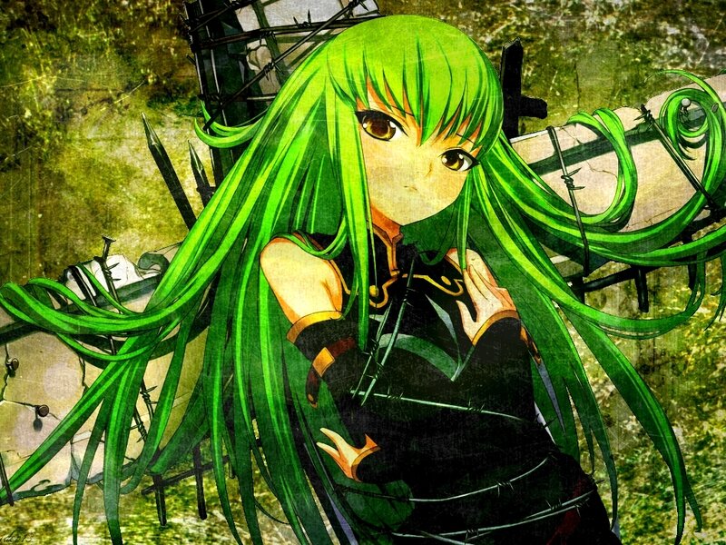 green-haired anime girl with barbed wire