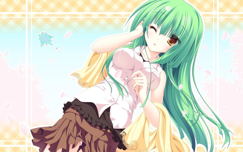 green-haired anime girl with bird