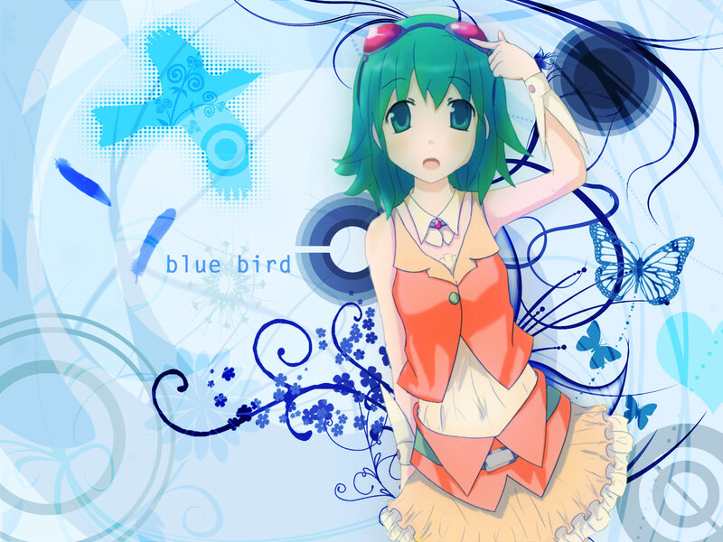 green-haired anime girl with blue bird