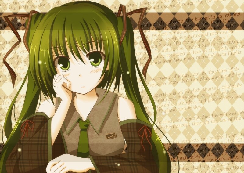 green-haired anime girl with book background