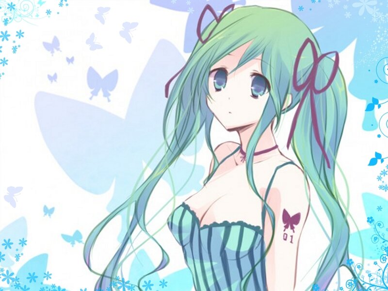 green-haired anime girl with butterflies