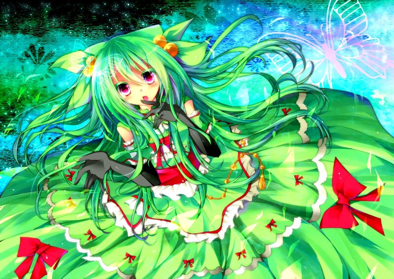 green-haired anime girl with butterfly