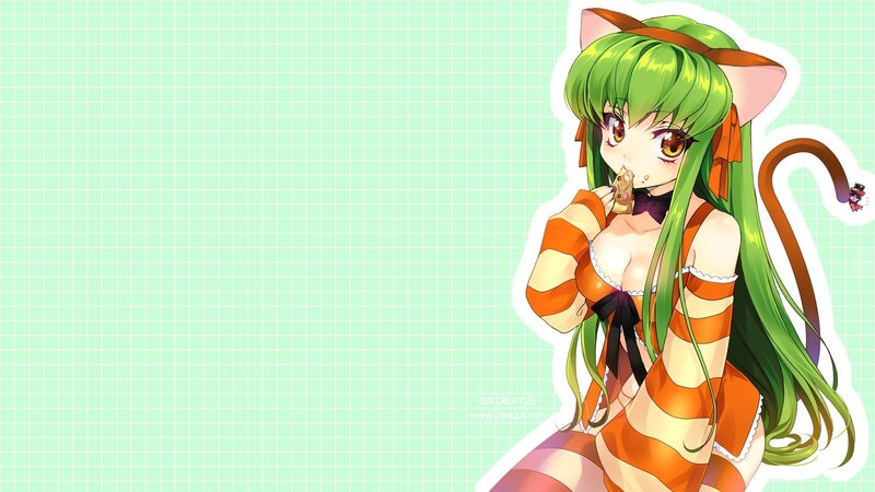 green-haired anime girl with cat ears