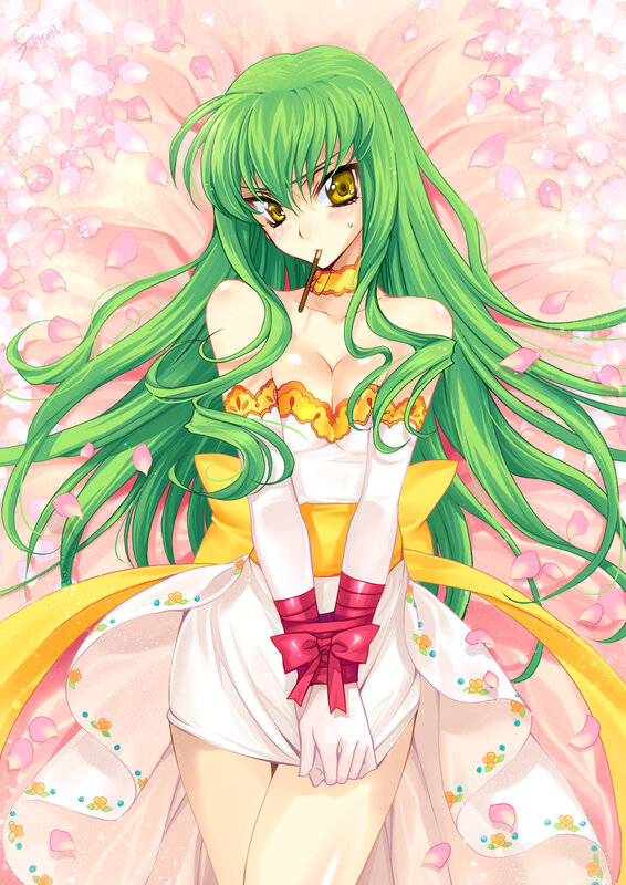green-haired anime girl with cherry blossoms
