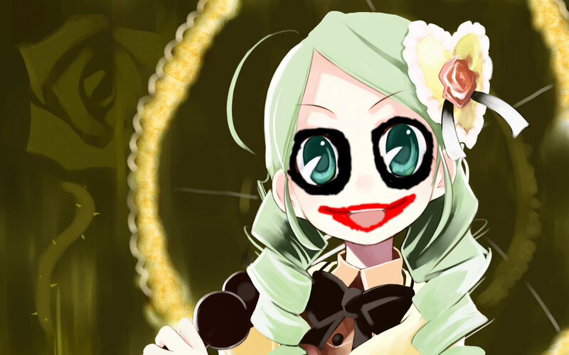 green-haired anime girl with clown makeup