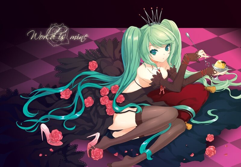 green-haired anime girl with dessert