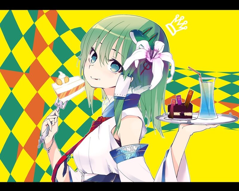 green-haired anime girl with desserts