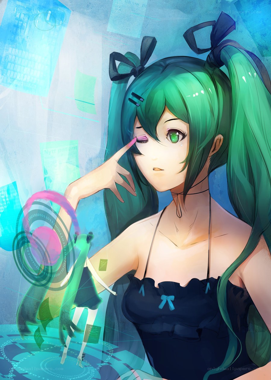 green-haired anime girl with digital effects