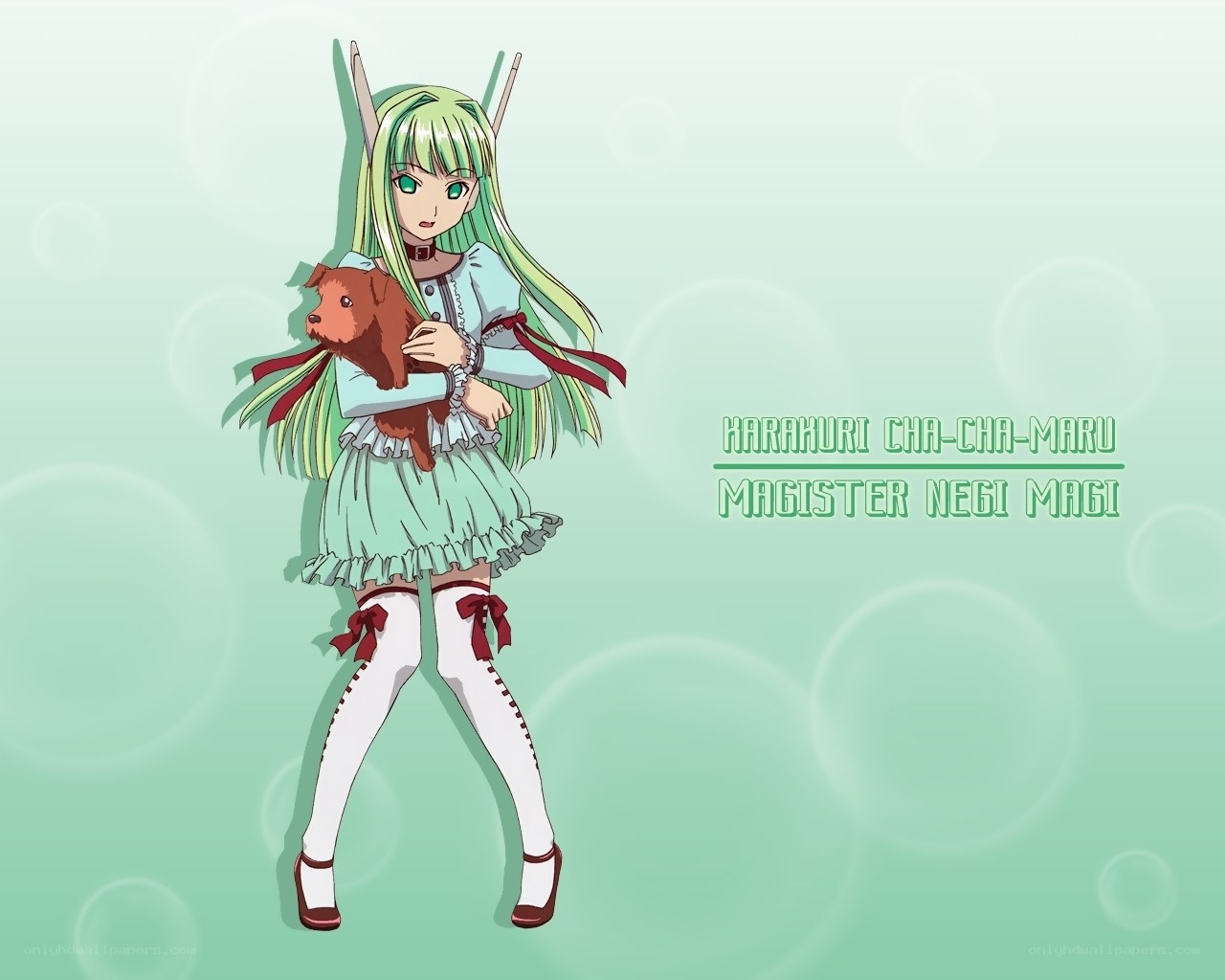 green-haired anime girl with dog