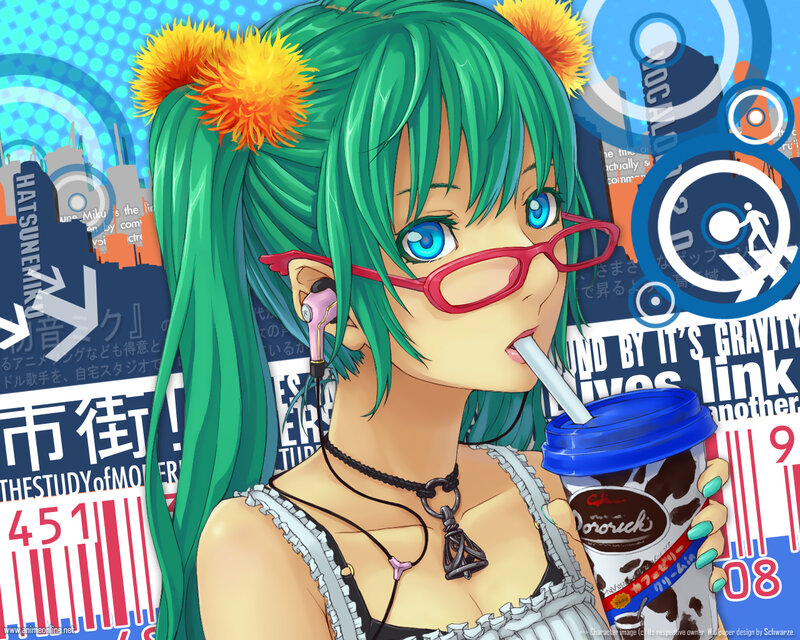green-haired anime girl with drink