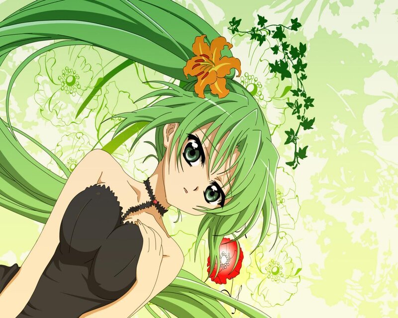 green-haired anime girl with flower