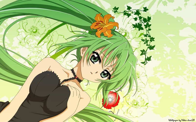 green-haired anime girl with flower