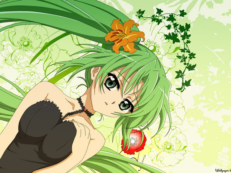 green-haired anime girl with flower