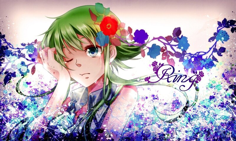 green-haired anime girl with flowers