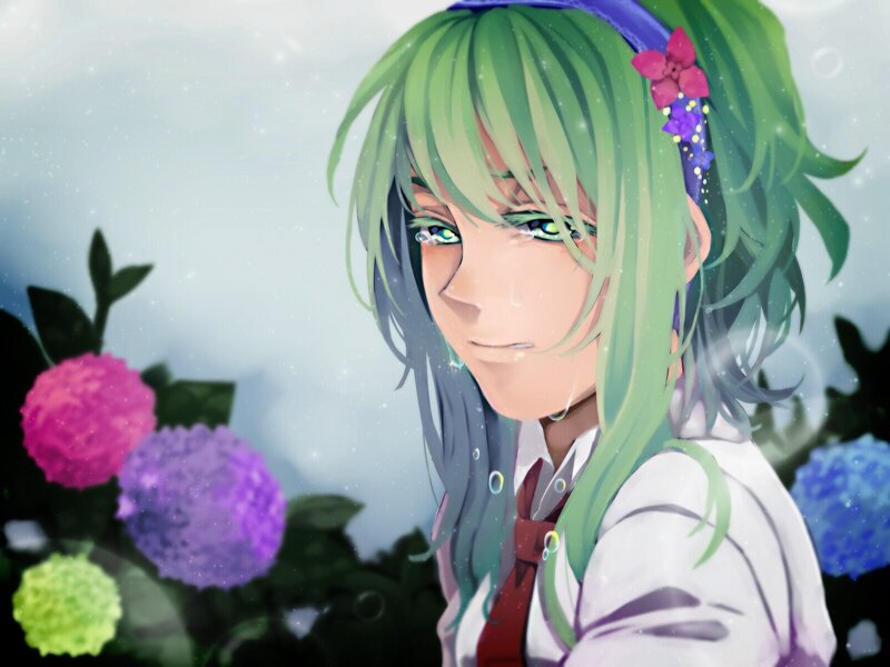 green-haired anime girl with flowers