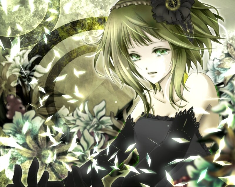 green-haired anime girl with flowers