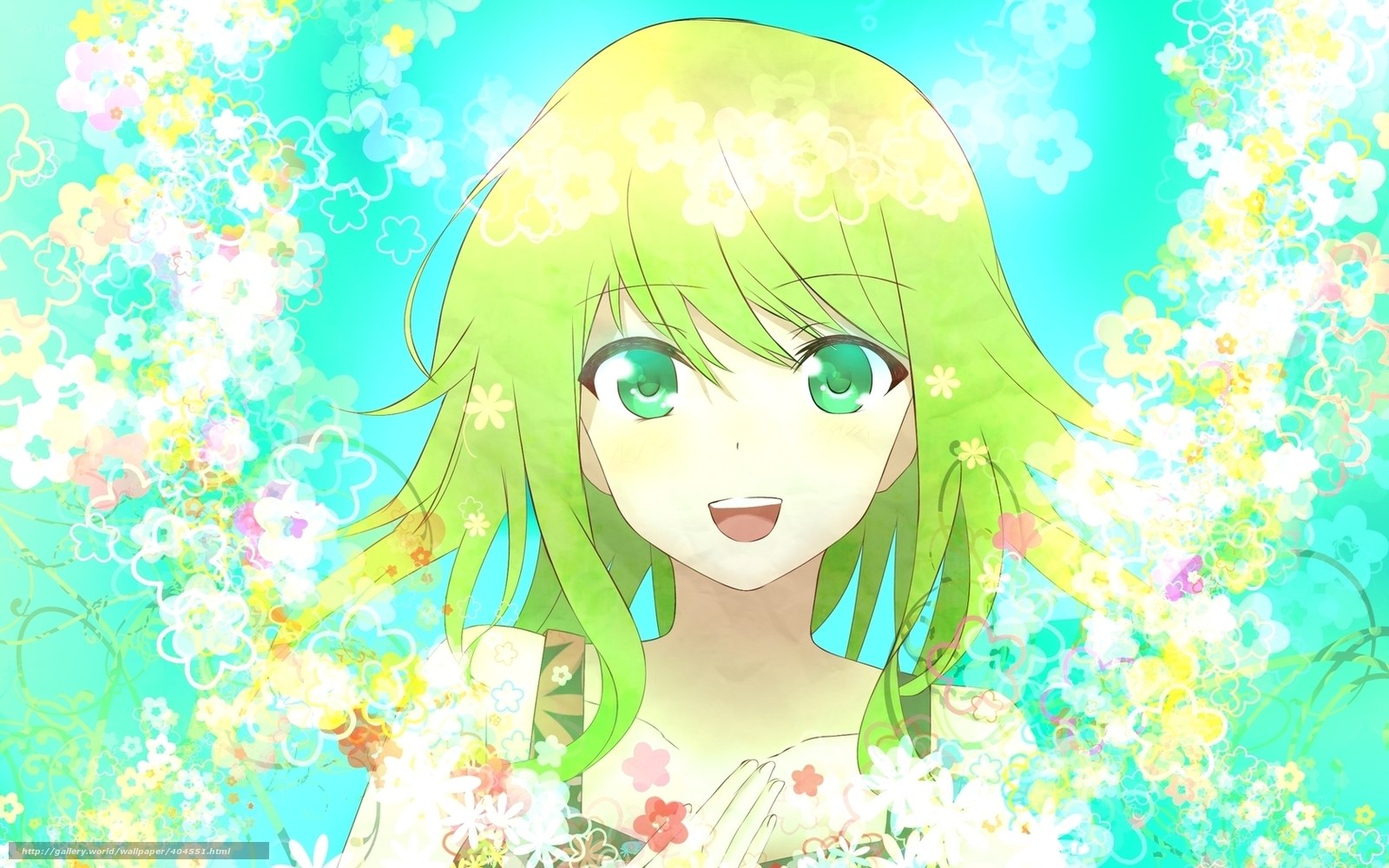green-haired anime girl with flowers