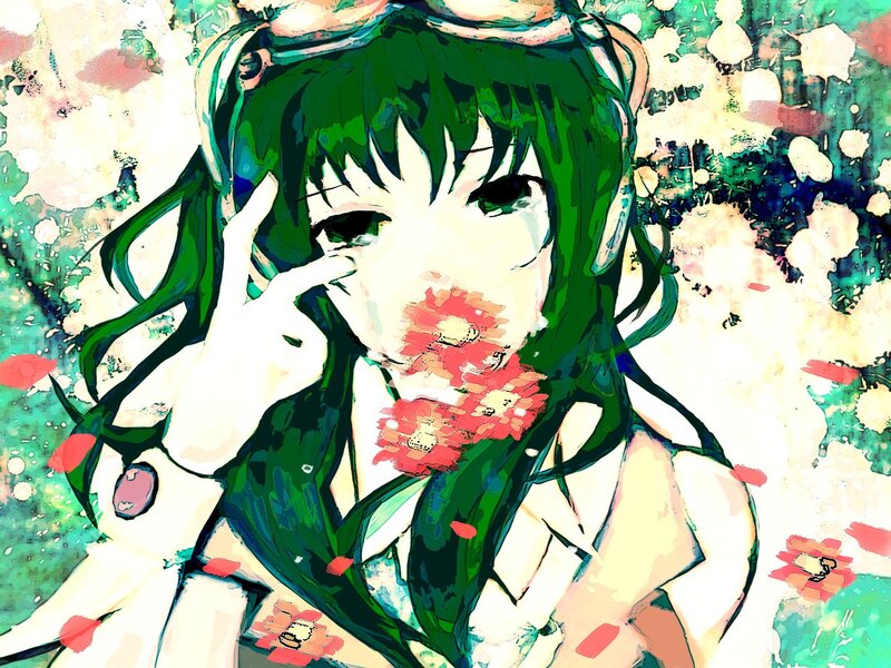 green-haired anime girl with flowers