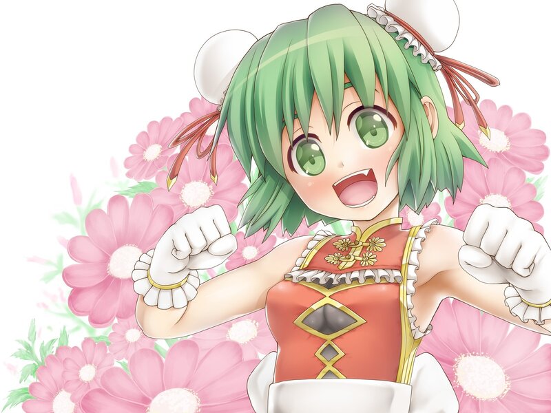 green-haired anime girl with flowers