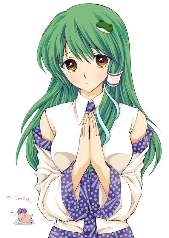 green-haired anime girl with frog