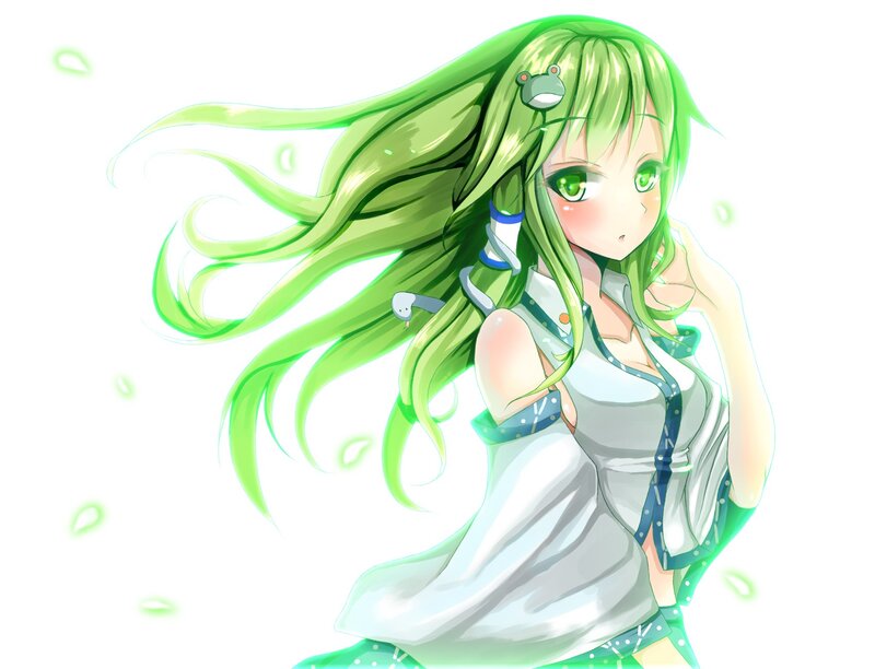green-haired anime girl with frog accessories