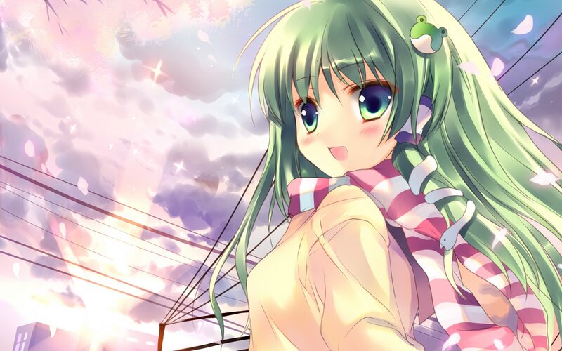 green-haired anime girl with frog hair clip