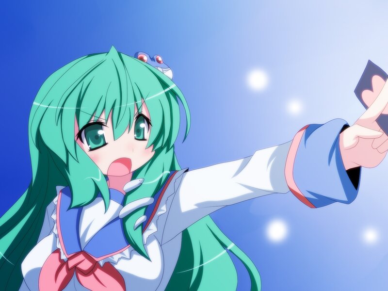 green-haired anime girl with frog