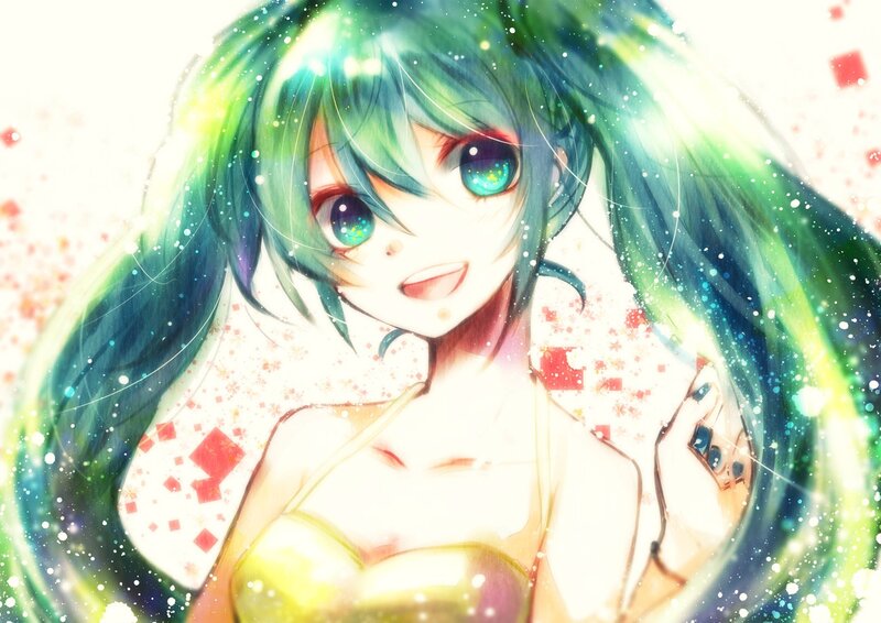 green-haired anime girl with glowing eyes
