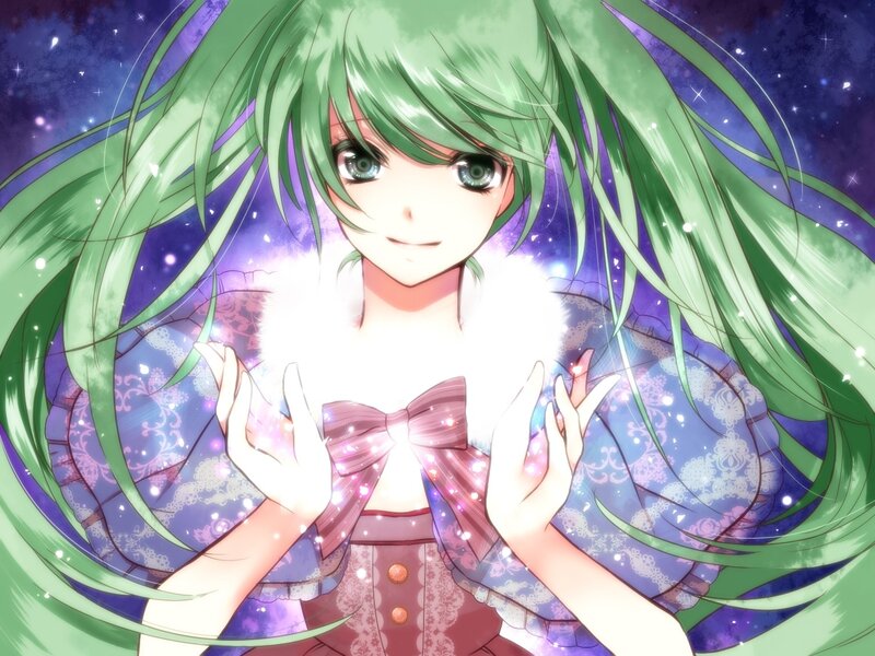 green-haired anime girl with glowing hands