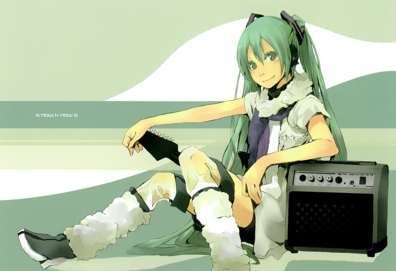 green-haired anime girl with guitar amp