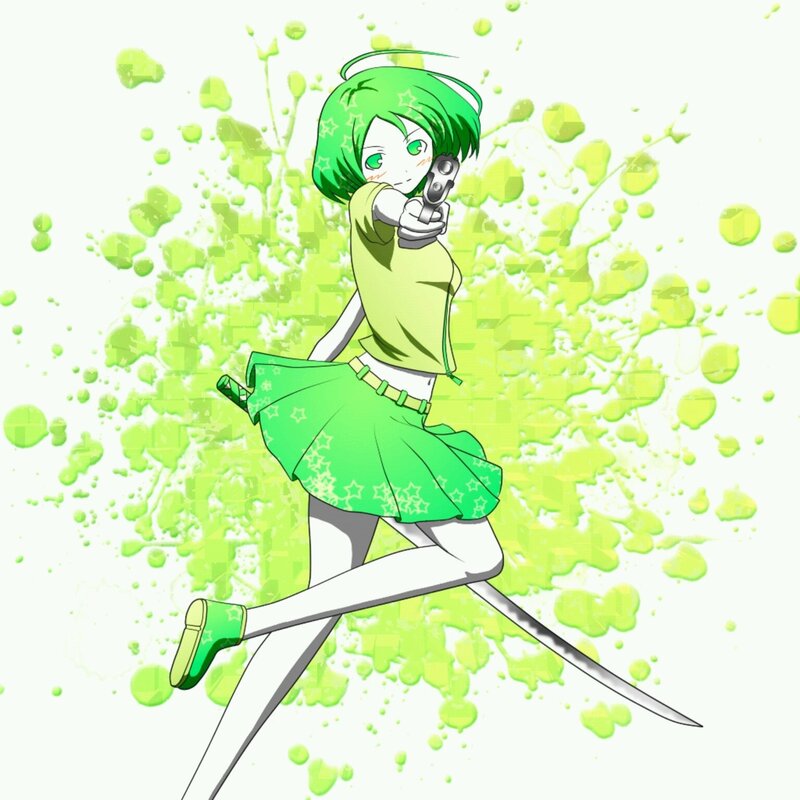 green-haired anime girl with gun