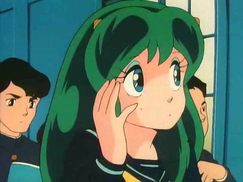 green-haired anime girl with hand on face