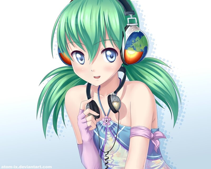 green-haired anime girl with headphones
