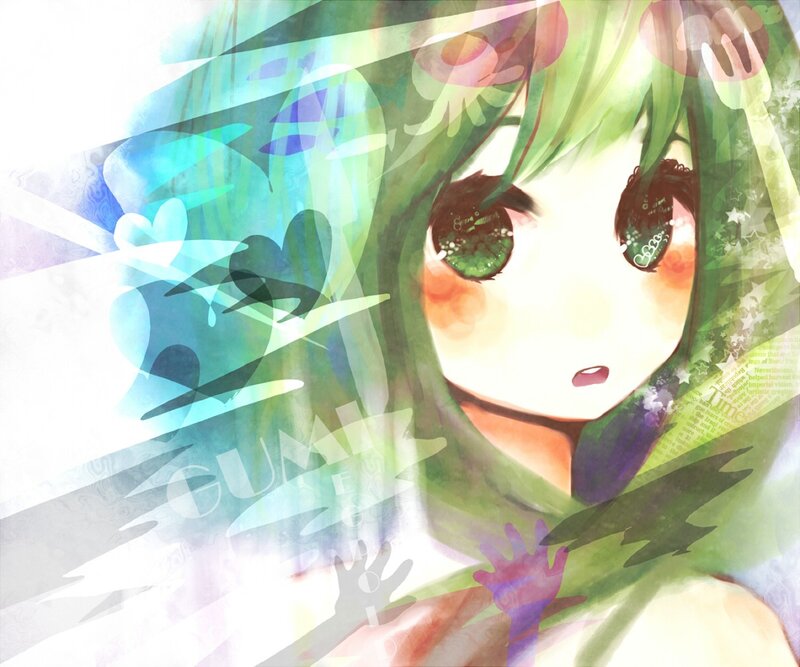 green-haired anime girl with hearts