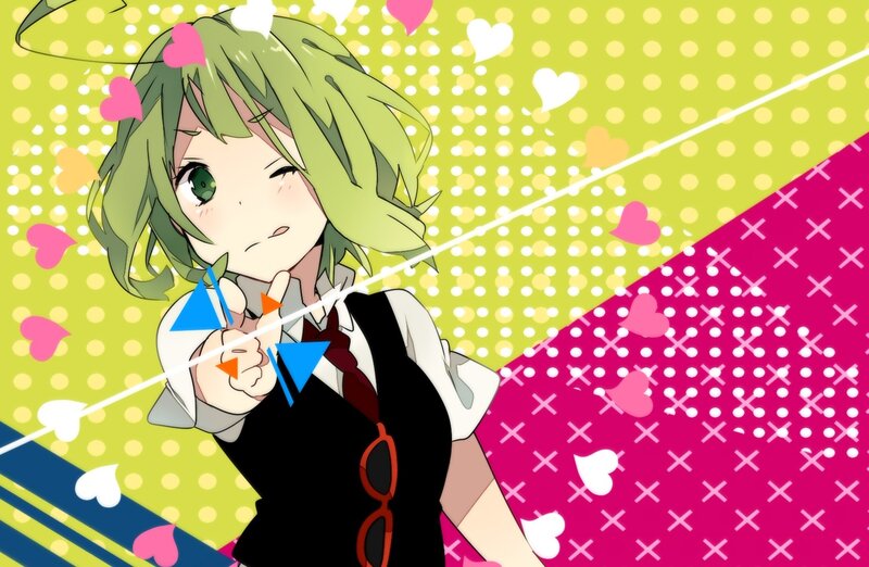 green-haired anime girl with hearts